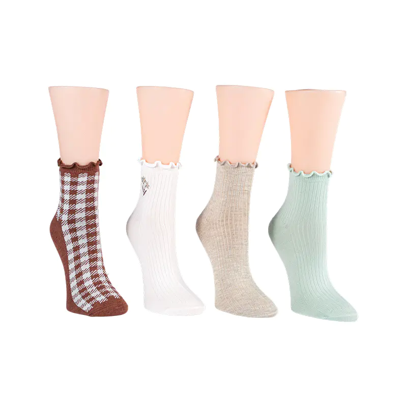 Borda W/ Hímzett virág/ Ginghamlettuce Welt Anklet 4ppk zokni